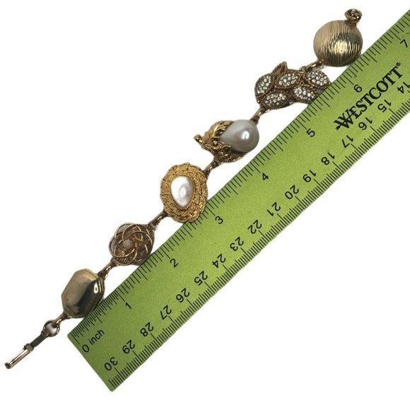 Vintage Earring Bracelet Five Links Gold Tone Pearl Rhinestone - Picture 3 of 5